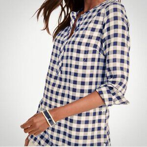 Talbots Navy Gingham Plaid Button Front Popover Cute Spring Cotton Top [Size Mp]
